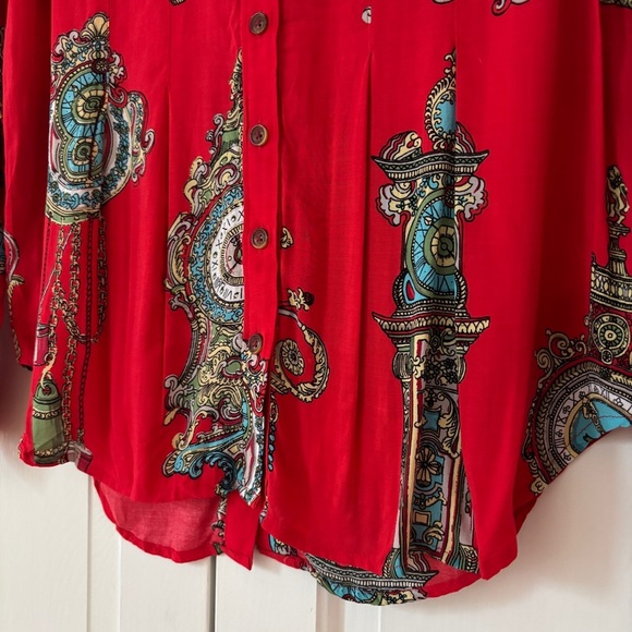 Anthropologie Maeve Size 2 Red Whimsy Printed Clock Sun Button Down Shirt Blouse - Picture 9 of 17